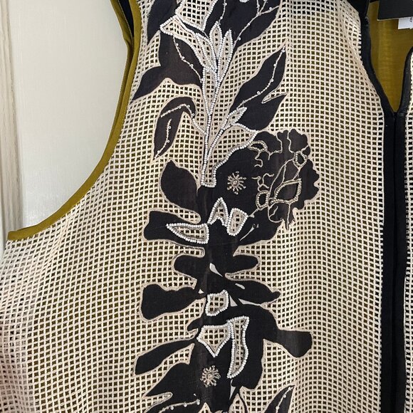 Off-White & Green Handloom Net Applique Embroidered Dress - Picture 3 of 5